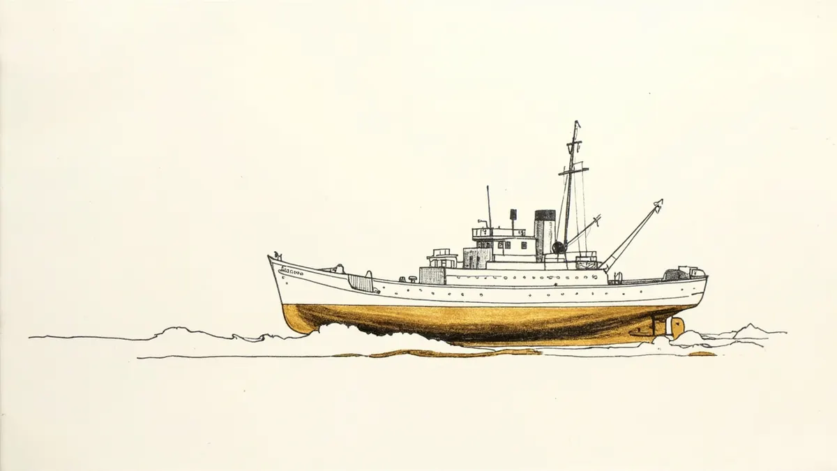 Tuschezeichnung eines seetüchtigen Schiffs mit goldenem Rumpf im Trockendock