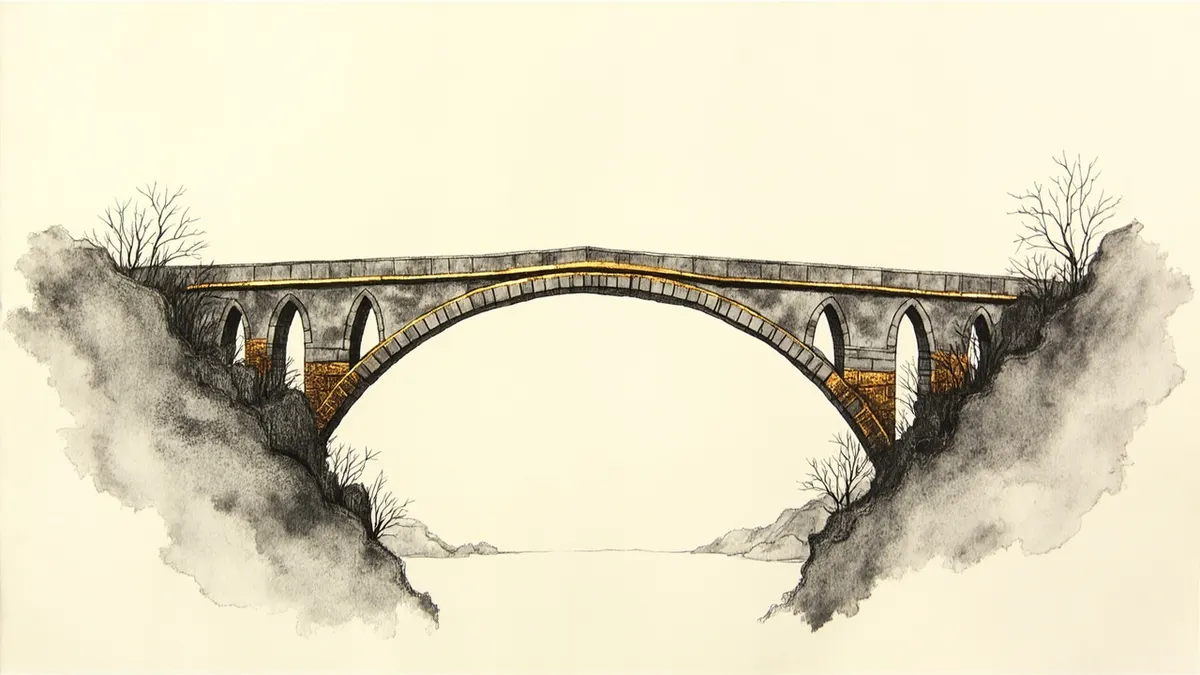 Tuschezeichnung einer fertigen Steinbrücke mit goldenen Fugen